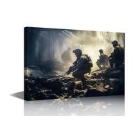 Wall Art Military Action Canvas Artwork Framed 1 Panel Print Depicting Heavy Armed Soldiers In Urban Assault Formations And Tactical Warzone Strategy Ready to Hang 18x12 in