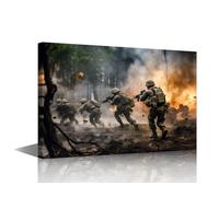 Wall Art Modern Combat Décor Framed Canvas 1 Panel Military Artwork Featuring US Soldiers In High-Stakes Firefight Tactical Urban Warfare And Battlefield Resilience 18x12 in