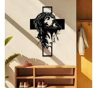 wall art-Modern Minimalist Art Metal wall Decor Jesus on the Cross-Black Religious with Detailed Facial Features Vertical Indoor Hanging Sculpture for Home,Office,or Church(40cm/