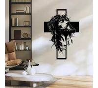 wall art-Modern Minimalist Art Metal wall Decor Jesus on the Cross-Black Religious with Detailed Facial Features Vertical Indoor Hanging Sculpture for Home,Office,or Church(50cm/