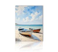 Wall Art, Ocean Seagull Nautical Boat on Beach Blue White Sea Canvas Paintings, Sandy Beach Pictures Artwork, Seashore Poster Prints Home Decor for Bathroom Living Room Bedroom Unframed 40x60cm