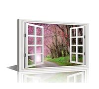 Wall Art Office Fake Window Rural Roads Spring Cherry Blossom Trees and Meadow on Background Picture Poster Printing for Meeting Room School Dormitories Study Farmhouses Wall Decor (16"Wx24"H)