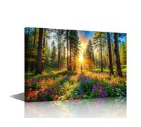 Wall Art Painting 1 Panel Serene Forest Landscape with Sunlight Filtering Through Lush Green Trees and Vibrant Wildflowers Prints on Canvas Framed Ready to Hang 30x45cm