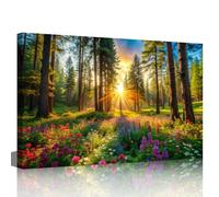 Wall Art Painting 1 Panel Serene Forest Landscape with Sunlight Filtering Through Lush Green Trees and Vibrant Wildflowers Prints on Canvas Framed Ready to Hang 60x90 cm