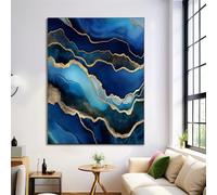 Wall Art Painting, Watercolor Abstract Wall Pictures Canvas Prints Waves Rivers Canvas Poster for Walls Blue Gold Pictures for Interior Home Decoration, Unframed 12x16in