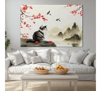 Wall Art Plum Blossoms Cat Poster Canvas Painting Modern Home Decor Chinese Ink Painting Style Print Painting For Bedroom Living Room Office Decor 120 x 60 cm (L x W) Frameless
