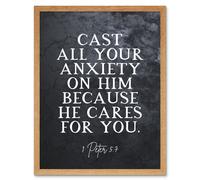 Wall Art Print 1 Peter 5:7 Cast All Your Anxiety On Him Christian Bible Verse Quote Scripture Typography Art Framed Artery8 Light Oak W12 inch x H16 inch
