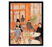 Wall Art Print A Bustling Parisian Cafe in the Style of Toulouse Lautrec Paris French Orange Art Framed Artery8 Black W12 inch x H16 inch