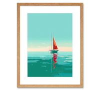 Wall Art Print A Sailboat with a Red Sail Sailing on a Calm Sea Artwork Framed 9X7 Inch Artery8 Beige W7 inch x H9 inch