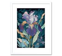 Wall Art Print A Single Iris Flower Bloom Purple Teal and Yellow Artwork Framed 9X7 Inch Artery8 White W7 inch x H9 inch