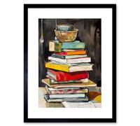 Wall Art Print A Stack of Recipe Cookbooks with Bowls on Top Artwork Framed 9X7 Inch Artery8 Black W7 inch x H9 inch