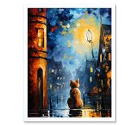 Wall Art Print A Street Cat Named Desire Palette Knife Oil Painting Ginger Cat Village Night Art Framed Artery8 White W12 inch x H16 inch
