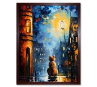 Wall Art Print A Street Cat Named Desire Palette Knife Oil Painting Ginger Cat Village Night Art Framed Artery8 Brown W12 inch x H16 inch
