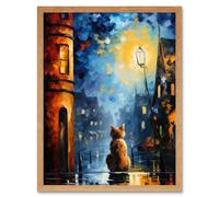 Wall Art Print A Street Cat Named Desire Palette Knife Oil Painting Ginger Cat Village Night Art Framed Artery8 Light Oak W12 inch x H16 inch