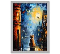 Wall Art Print A Street Cat Named Desire Palette Knife Oil Painting Ginger Cat Village Night Artwork Framed A4 Artery8 Grey A4