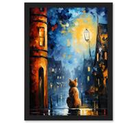 Wall Art Print A Street Cat Named Desire Palette Knife Oil Painting Ginger Cat Village Night Artwork Framed A4 Artery8 Black A4