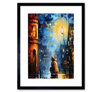 Wall Art Print A Street Cat Named Desire Palette Knife Oil Painting Ginger Cat Village Night Artwork Framed 9X7 Inch Artery8 Black W7 inch x H9 inch