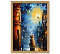 Wall Art Print A Street Cat Named Desire Palette Knife Oil Painting Ginger Cat Village Night Artwork Framed A4 Artery8 Light Oak A4