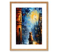 Wall Art Print A Street Cat Named Desire Palette Knife Oil Painting Ginger Cat Village Night Artwork Framed 9X7 Inch Artery8 Beige W7 inch x H9 inch