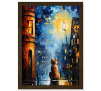 Wall Art Print A Street Cat Named Desire Palette Knife Oil Painting Ginger Cat Village Night Artwork Framed A4 Artery8 Brown A4