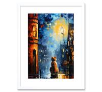 Wall Art Print A Street Cat Named Desire Palette Knife Oil Painting Ginger Cat Village Night Artwork Framed 9X7 Inch Artery8 White W7 inch x H9 inch