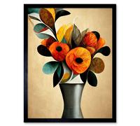 Wall Art Print Abstract Autumn Field Flower Bouquet Silver Vase Orange Art Framed Artery8 Black W12 inch x H16 inch