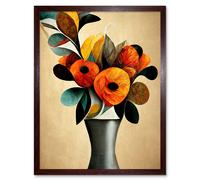 Wall Art Print Abstract Autumn Field Flower Bouquet Silver Vase Orange Art Framed Artery8 Brown W12 inch x H16 inch