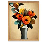 Wall Art Print Abstract Autumn Field Flower Bouquet Silver Vase Orange Art Framed Artery8 Light Oak W12 inch x H16 inch