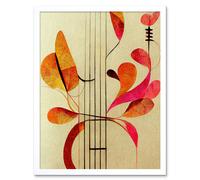Wall Art Print Abstract Autumnal Boho Leaves and Musical Music Staff Lines Cream Pink Copper Yellow Art Framed Artery8 White W12 inch x H16 inch