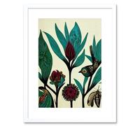 Wall Art Print Abstract Folk Art Leaves Flowers Birds Vintage Style Green Burgundy Cream Black Artwork Framed 9X7 Inch Artery8 White W7 inch x H9 inch