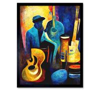 Wall Art Print Abstract Oil Painting Jazz Blues Musician With Instruments Art Framed Artery8 Black W12 inch x H16 inch