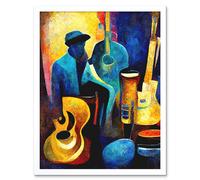 Wall Art Print Abstract Oil Painting Jazz Blues Musician With Instruments Art Framed Artery8 White W12 inch x H16 inch