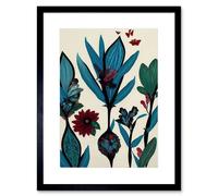 Wall Art Print Abstract Paper Quilling Floral Blooms Flowers Butterflies Blue Burgundy Green Cream Artwork Framed 9X7 Inch Artery8 Black W7 inch x H9 inch