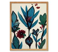 Wall Art Print Abstract Paper Quilling Floral Blooms Flowers Butterflies Blue Burgundy Green Cream Art Framed Artery8 Light Oak W12 inch x H16 inch