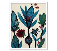 Wall Art Print Abstract Paper Quilling Floral Blooms Flowers Butterflies Blue Burgundy Green Cream Art Framed Artery8 White W12 inch x H16 inch