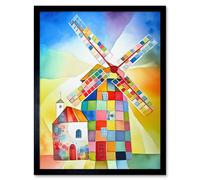 Wall Art Print Abstract Patchwork Windmill Old Amsterdam Folk Art Framed Artery8 Black W12 inch x H16 inch