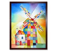 Wall Art Print Abstract Patchwork Windmill Old Amsterdam Folk Art Framed Artery8 Brown W12 inch x H16 inch