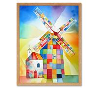 Wall Art Print Abstract Patchwork Windmill Old Amsterdam Folk Art Framed Artery8 Light Oak W12 inch x H16 inch