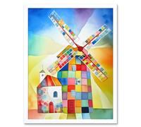 Wall Art Print Abstract Patchwork Windmill Old Amsterdam Folk Art Framed Artery8 White W12 inch x H16 inch