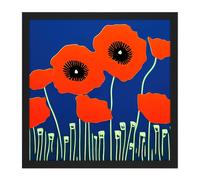 Wall Art Print Abstract Red Poppy Flowers On An Azure Blue Background Minimalist Painting Square Framed Picture 16X16 Inch Artery8 Black W16 inch x H16 inch