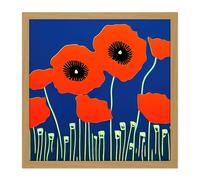 Wall Art Print Abstract Red Poppy Flowers On An Azure Blue Background Minimalist Painting Square Framed Picture 16X16 Inch Artery8 Light Oak W16 inch x H16 inch