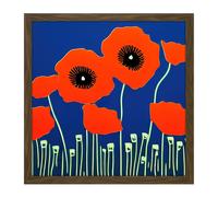 Wall Art Print Abstract Red Poppy Flowers On An Azure Blue Background Minimalist Painting Square Framed Picture 16X16 Inch Artery8 Brown W16 inch x H16 inch
