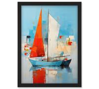 Wall Art Print Abstract Sailing Boats Ships Oil Painting Palette Knife Bathroom Artwork Vibrant Orange Blue Harbor Seascape Artwork Framed A4 Artery8 Black A4