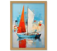 Wall Art Print Abstract Sailing Boats Ships Oil Painting Palette Knife Bathroom Artwork Vibrant Orange Blue Harbor Seascape Artwork Framed A4 Artery8 Light Oak A4