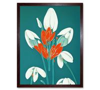 Wall Art Print Abstract Snowdrops Red Flowers on Teal Retro Mid Century Style Art Framed Artery8 Brown W12 inch x H16 inch