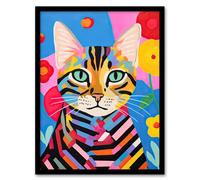 Wall Art Print Abstract Stripey Cat Vibrant Oil Painting Bright Floral Pet Portrait Kids Bedroom Artwork Framed Artery8 Multi A4