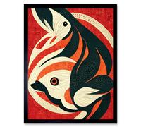Wall Art Print Abstract Stylised Japanese Koi Carp Fish Painting Art Framed Artery8 Black W12 inch x H16 inch