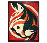 Wall Art Print Abstract Stylised Japanese Koi Carp Fish Painting Art Framed Artery8 Brown W12 inch x H16 inch