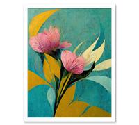 Wall Art Print Abstract Teal Pink Mustard Flower Floral Painting Art Framed Artery8 White W12 inch x H16 inch