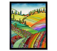 Wall Art Print Abstract Tuscany Hills Landscape Folk Art Framed Artery8 Black W12 inch x H16 inch